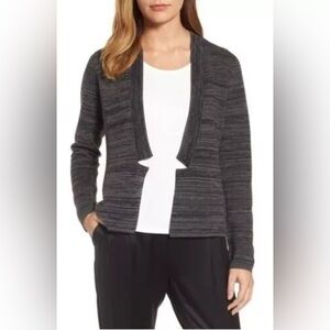 Eileen Fisher Tencel Cotton Notch Collar Cardigan In Black Gray Space Dye Sz L